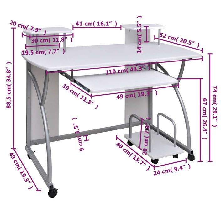 Bureau d'ordinateur Blanc 110x52x88,5 cm Bois d’ingénierie - Photo n°5