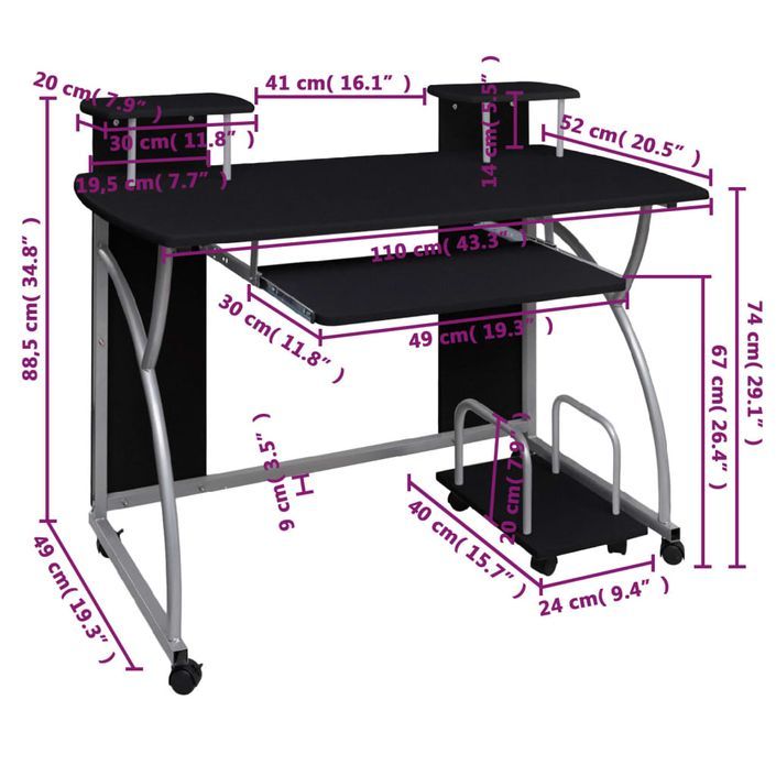 Bureau d'ordinateur Noir 110x52x88,5 cm Bois d’ingénierie - Photo n°5