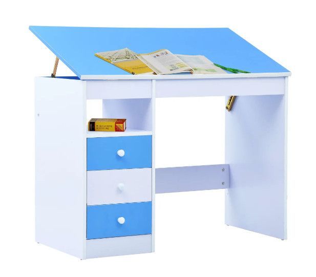 Bureau enfant inclinable 3 tiroirs bois bleu et blanc Sunny - Photo n°2