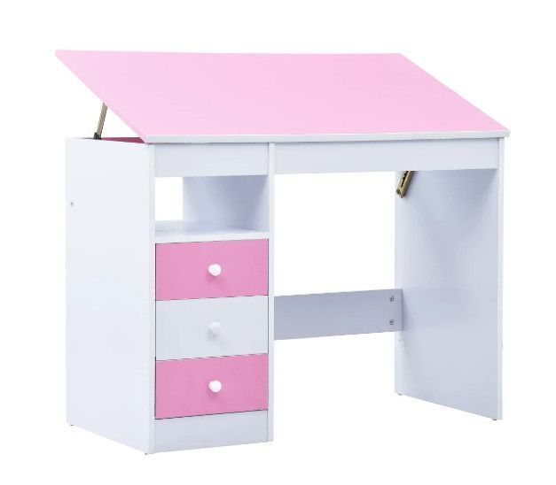 Bureau enfant inclinable 3 tiroirs bois rose et blanc Sunny - Photo n°1