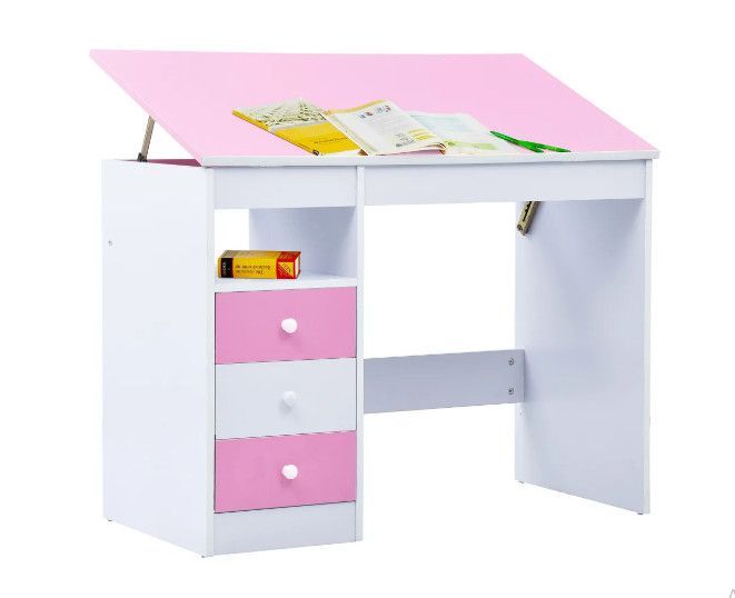 Bureau enfant inclinable 3 tiroirs bois rose et blanc Sunny - Photo n°2