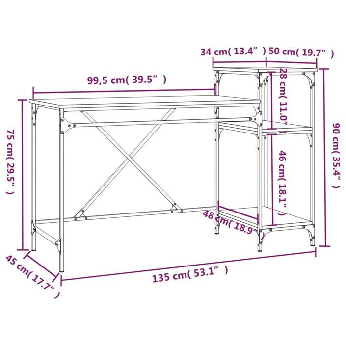 Bureau et étagères chêne sonoma 135x50x90cm bois ingénierie/fer - Photo n°9