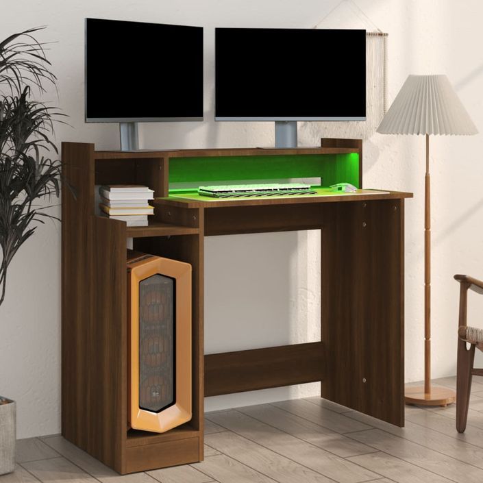 Bureau et lumières LED Chêne brun 97x45x90 cm Bois d'ingénierie - Photo n°5