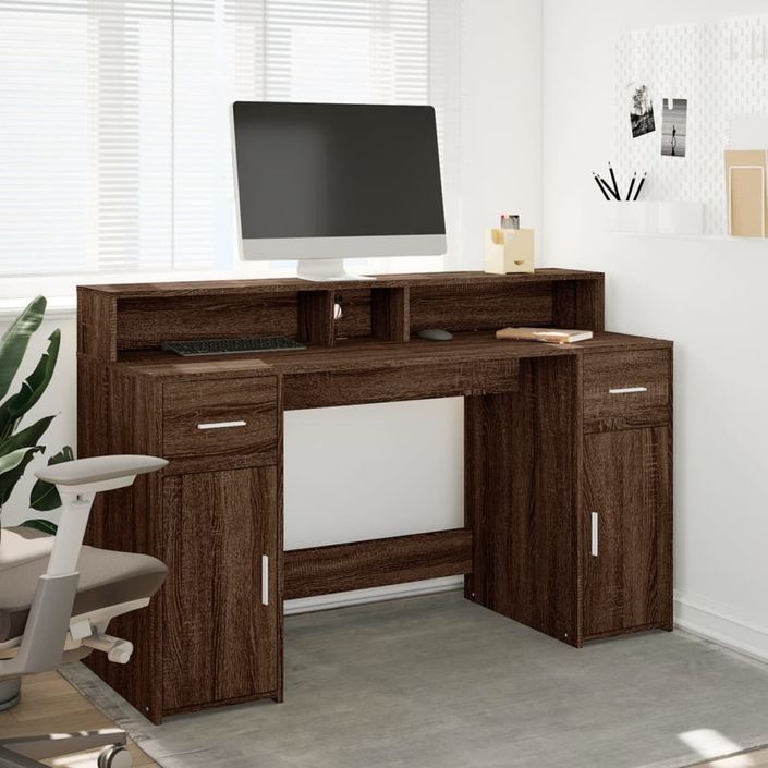 Bureau et lumières LED chêne marron bois d'ingénierie - Photo n°4