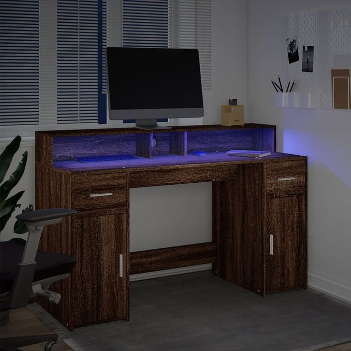 Bureau et lumières LED chêne marron bois d'ingénierie - Photo n°5