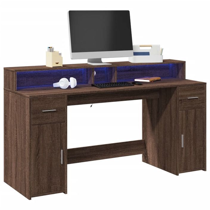 Bureau et lumières LED chêne marron bois d'ingénierie - Photo n°1