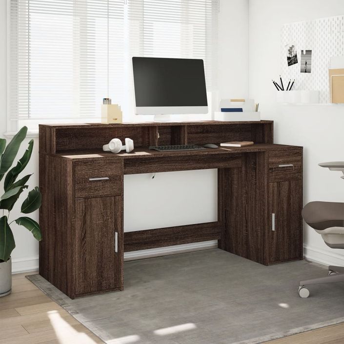 Bureau et lumières LED chêne marron bois d'ingénierie - Photo n°4