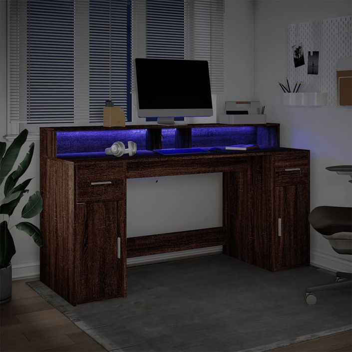 Bureau et lumières LED chêne marron bois d'ingénierie - Photo n°5