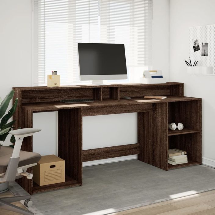 Bureau et lumières LED chêne marron bois d'ingénierie - Photo n°4