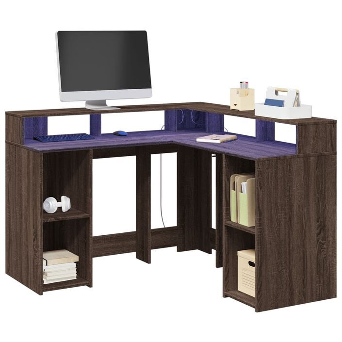 Bureau et lumières LED chêne marron bois d'ingénierie - Photo n°1