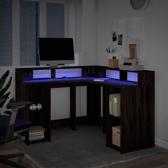 Bureau et lumières LED chêne marron bois d'ingénierie - Photo n°5