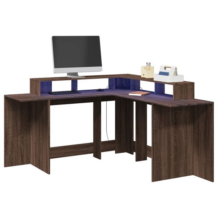 Bureau et lumières LED chêne marron bois d'ingénierie - Photo n°1