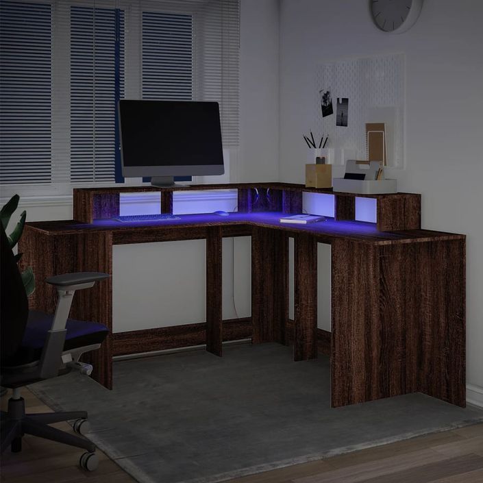 Bureau et lumières LED chêne marron bois d'ingénierie - Photo n°5