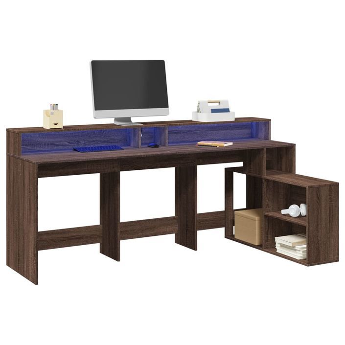 Bureau et lumières LED chêne marron bois d'ingénierie - Photo n°1