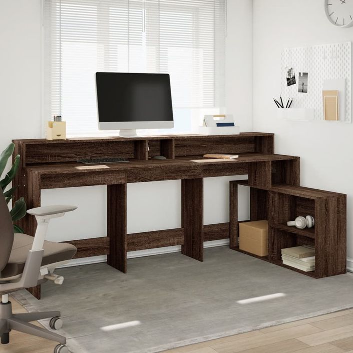 Bureau et lumières LED chêne marron bois d'ingénierie - Photo n°4