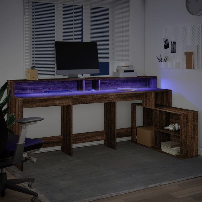 Bureau et lumières LED chêne marron bois d'ingénierie - Photo n°5