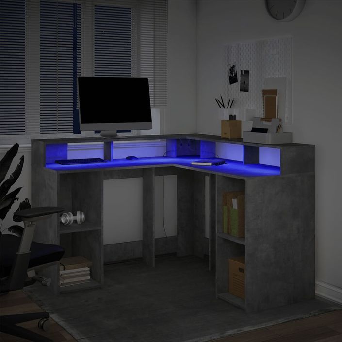 Bureau et lumières LED gris béton 130x130x91cm bois ingénierie - Photo n°5