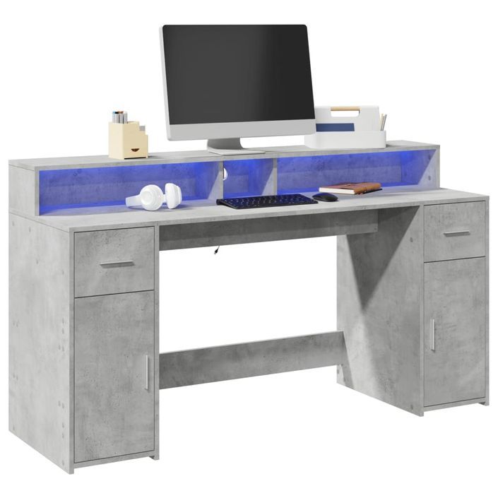 Bureau et lumières LED gris béton 160x55x91cm bois d'ingénierie - Photo n°1