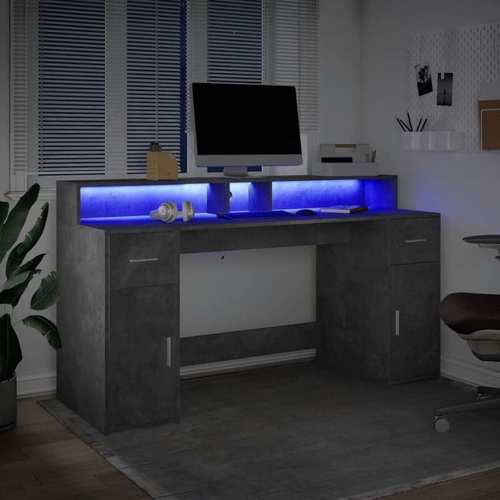 Bureau et lumières LED gris béton 160x55x91cm bois d'ingénierie - Photo n°5