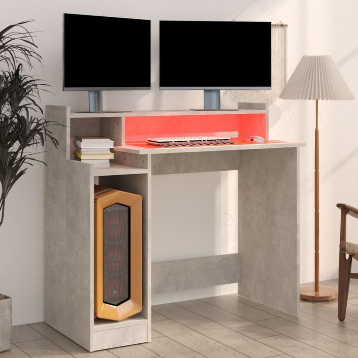 Bureau et lumières LED Gris béton 97x45x90 cm Bois d'ingénierie - Photo n°4