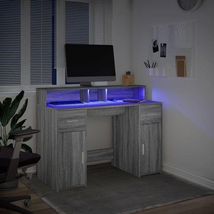 Bureau et lumières LED sonoma gris 120x55x91cm bois ingénierie - Photo n°5