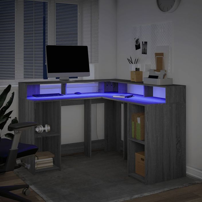 Bureau et lumières LED sonoma gris 130x130x91cm bois ingénierie - Photo n°5