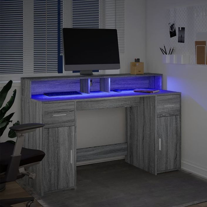 Bureau et lumières LED sonoma gris 140x55x91 cm bois ingénierie - Photo n°5