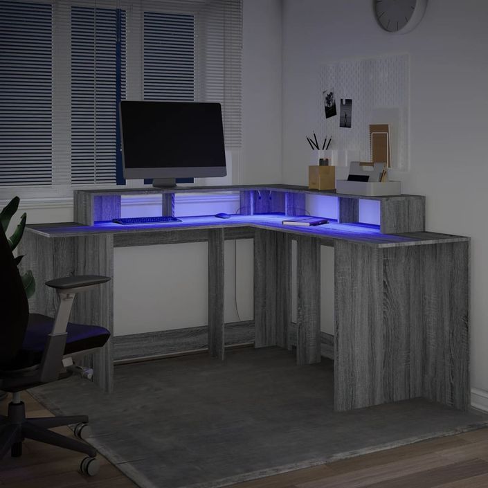 Bureau et lumières LED sonoma gris 152x152x91cm bois ingénierie - Photo n°5