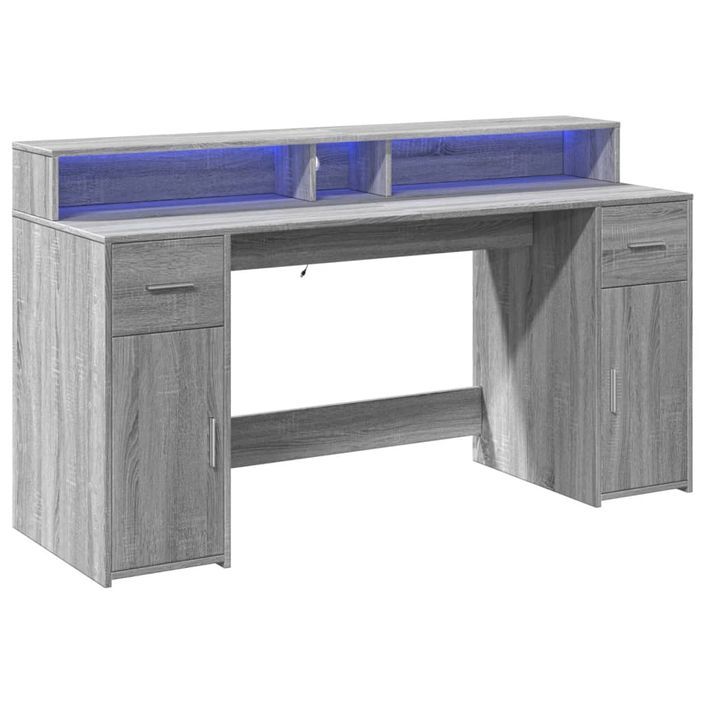 Bureau et lumières LED sonoma gris 160x55x91 cm bois ingénierie - Photo n°3