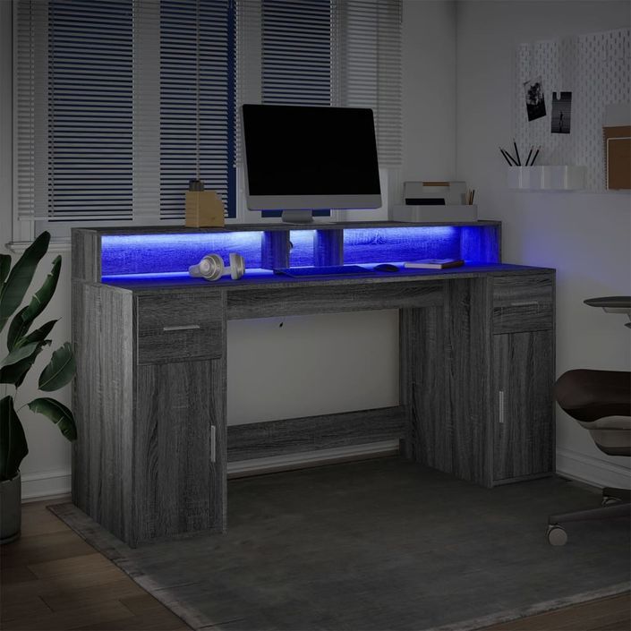 Bureau et lumières LED sonoma gris 160x55x91 cm bois ingénierie - Photo n°5