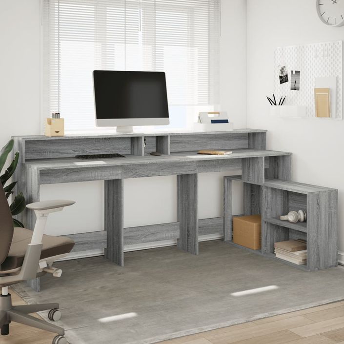 Bureau et lumières LED sonoma gris 200x104x91cm bois ingénierie - Photo n°4