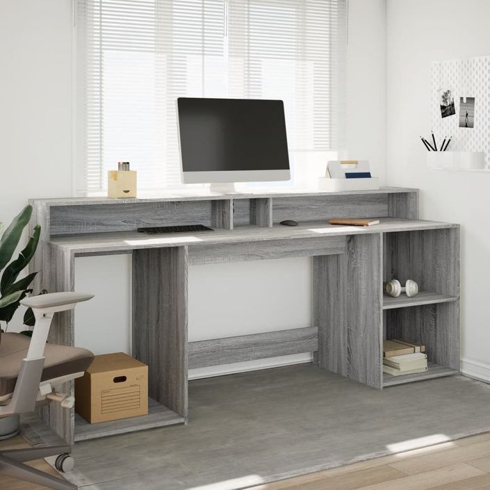 Bureau et lumières LED sonoma gris 200x55x91 cm bois ingénierie - Photo n°4