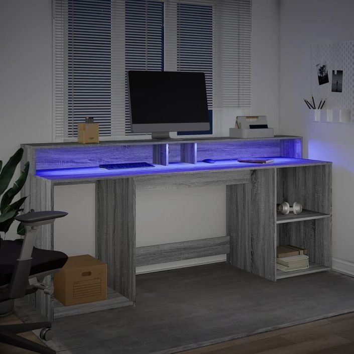 Bureau et lumières LED sonoma gris 200x55x91 cm bois ingénierie - Photo n°5