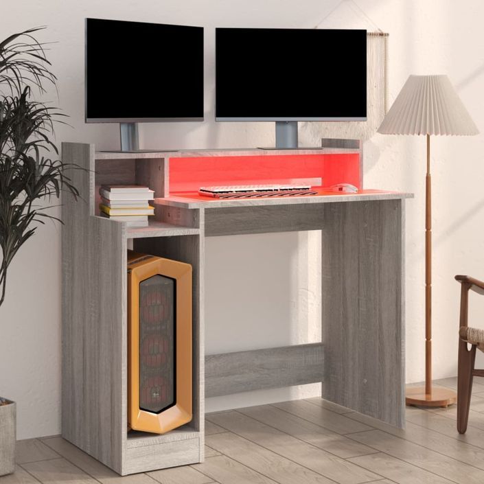 Bureau et lumières LED Sonoma gris 97x45x90cm Bois d'ingénierie - Photo n°4