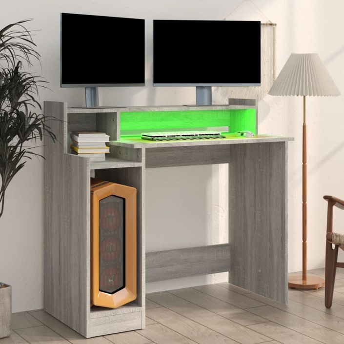 Bureau et lumières LED Sonoma gris 97x45x90cm Bois d'ingénierie - Photo n°5