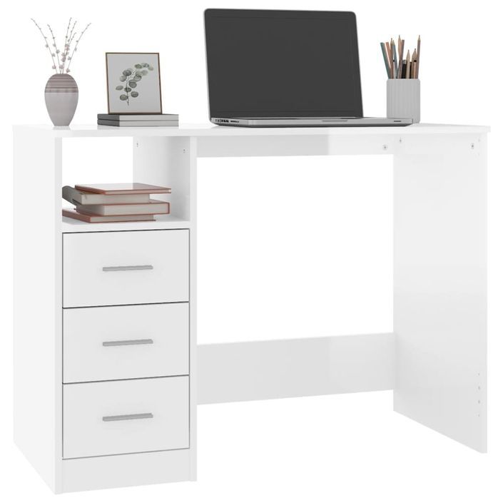 Bureau et tiroirs Blanc brillant 102x50x76 cm Bois d'ingénierie - Photo n°4