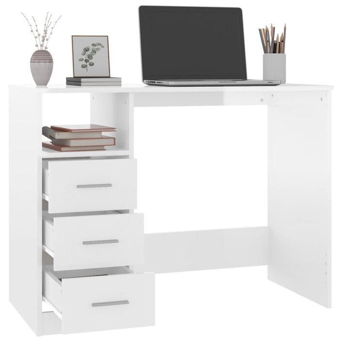 Bureau et tiroirs Blanc brillant 102x50x76 cm Bois d'ingénierie - Photo n°5