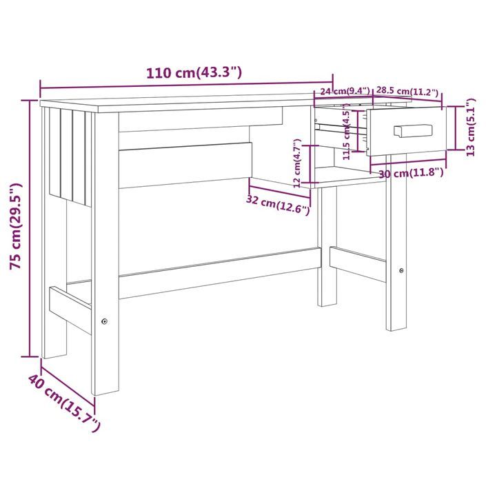 Bureau HAMAR Gris clair 110x40x75 cm Bois massif de pin - Photo n°8