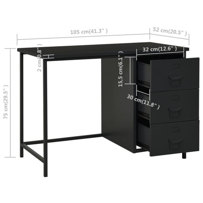 Bureau industriel avec tiroirs Noir 105x52x75 cm Acier - Photo n°8