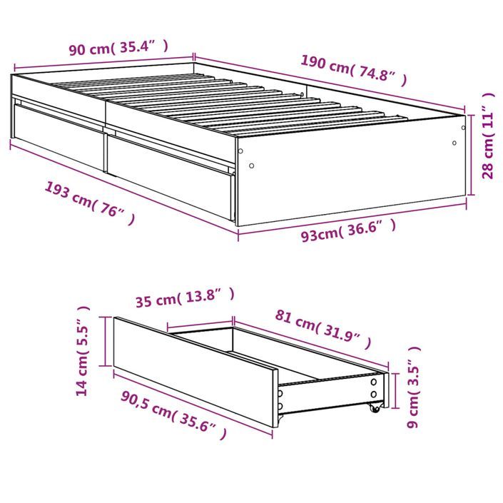 Cadre de lit 28 cm à lattes en bois avec tiroirs Dreza - Confort et éspace optimisé - Photo n°9