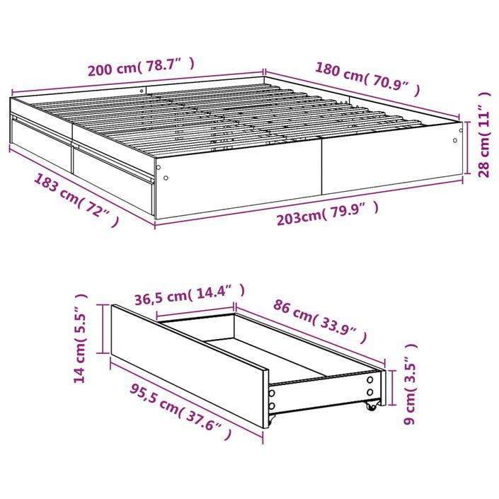 Cadre de lit 28 cm en bois avec 4 tiroirs latéraux Dreza - Confort et éspace optimisé - Photo n°10