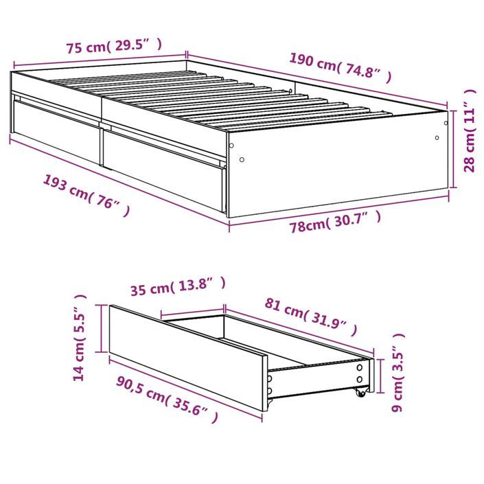 Cadre de lit 28 cm en bois avec 4 tiroirs latéraux Dreza - Confort et éspace optimisé - Photo n°10