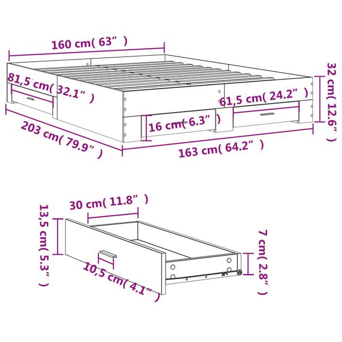 Cadre de lit 32 cm en bois avec 2 tiroirs latéraux 2 tiroirs frontaux Helika - Élégance et fonctionnalité - Photo n°8