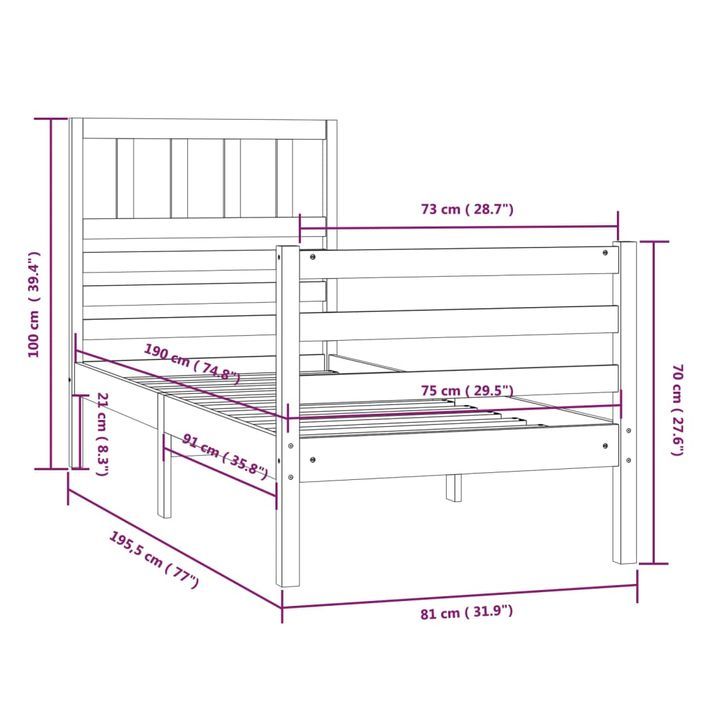 Cadre de lit 75x190 cm Petit simple Bois massif - Photo n°9