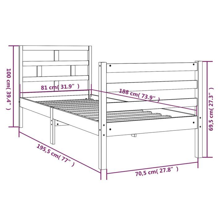 Cadre de lit 75x190 cm Petit simple Bois massif - Photo n°8