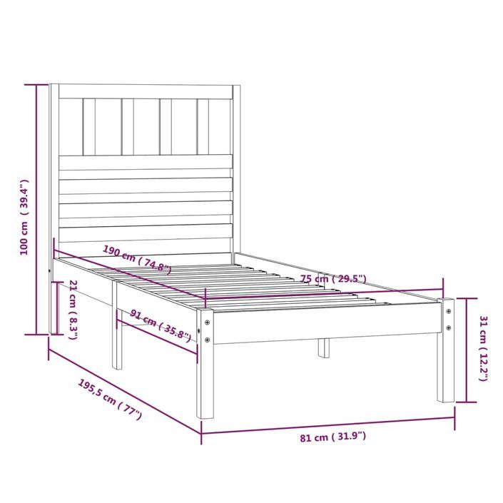 Cadre de lit 75x190 cm petit simple bois massif de pin - Photo n°9