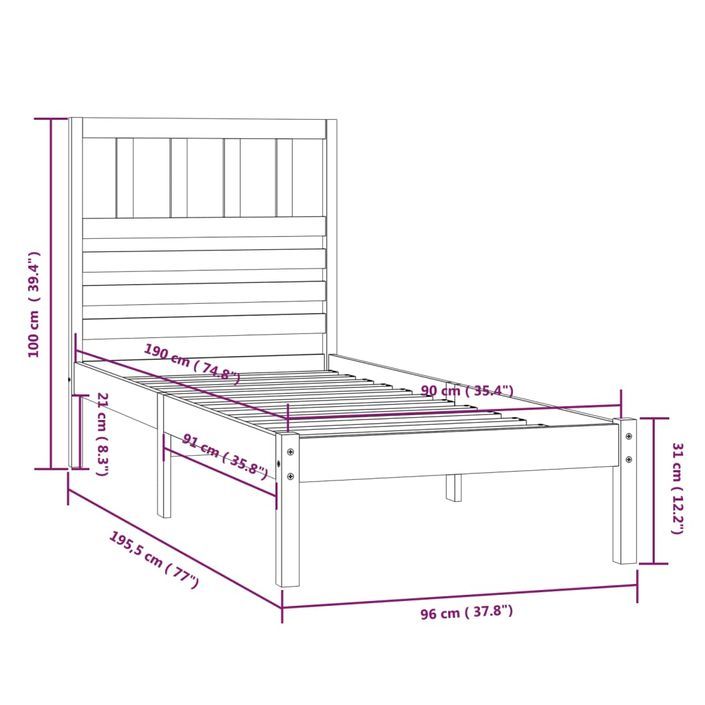 Cadre de lit 90x190 cm simple bois massif de pin - Photo n°9