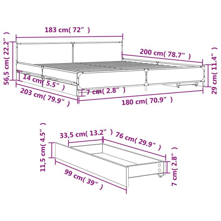 Cadre de lit à tiroirs chêne sonoma 180x200cm bois d'ingénierie - Photo n°10
