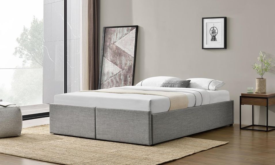 Cadre de lit avec coffre et 2 tiroirs 140x190 cm tissu lin gris clair Karmi - Photo n°5