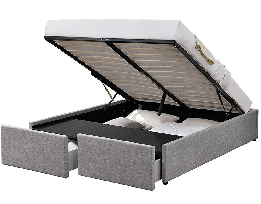 Cadre de lit avec coffre et 2 tiroirs 140x190 cm tissu lin gris clair Karmi - Photo n°1